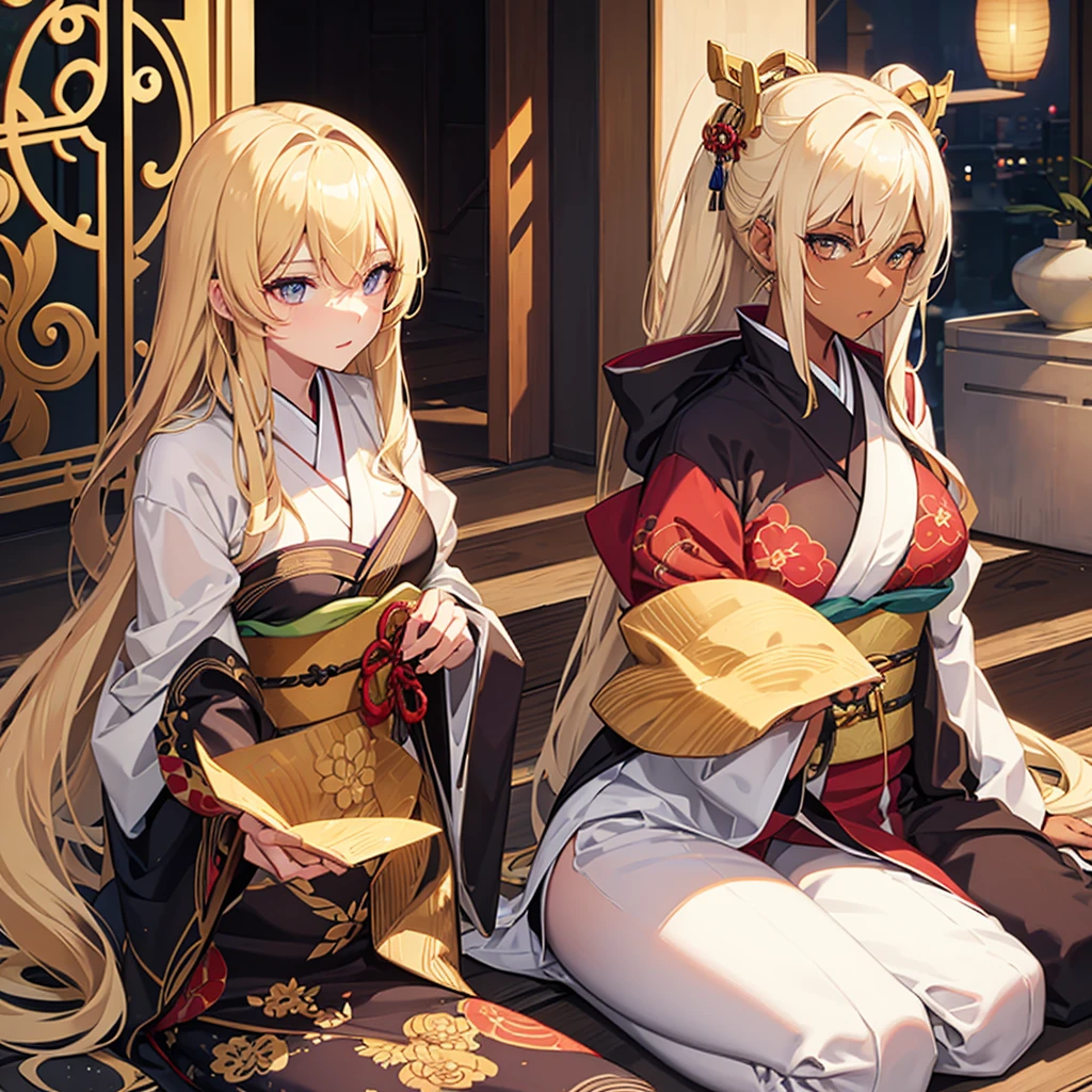 Blonde hair, golden eyes, dark Skinned beautiful, busty, woman wearing a Kimono.