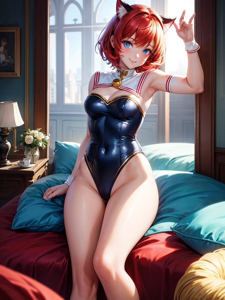 Highest quality,High resolution,１People Girl,whole body,fine,smile,looking at the camera,Bedroom,Dazzling lighting,short hair,Red hair,Blue eyes,White Sailor Leotard,beautiful girl,Cat ears on the head,Cat tail on waist,smile,be happy,