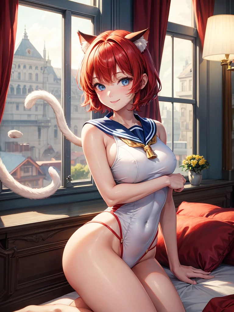 Highest quality,High resolution,１People Girl,whole body,fine,smile,looking at the camera,Bedroom,Dazzling lighting,short hair,Red hair,Blue eyes,White Sailor Leotard,beautiful girl,Cat ears on the head,Cat tail on waist,smile,be happy,