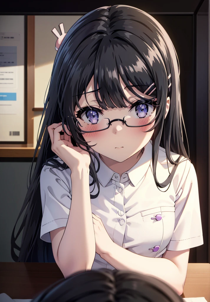 maisakurajima, mai sakurajima, Long Hair, bangs, (Black Hair:1.5), hair ornaments, (Purple eyes:1.1), Hair Clip, rabbit hair ornaments,blush,Embarrassing,Glasses,
Looking up at the audience, White stockings and garter belt, Exposed Skin, nurse's uniform, Wear a stethoscope around your neck, Retaining the exam file, Examination room、Sitting in a chair,whole bodyがイラストに入るように,
break indoors, Examination room,
break looking at viewer, whole body,
break (masterpiece:1.2), Highest quality, High resolution, unity 8k wallpaper, (figure:0.8), (Beautiful attention to detail:1.6), Highly detailed face, Perfect lighting, Highly detailed CG, (Perfect hands, Perfect Anatomy),
