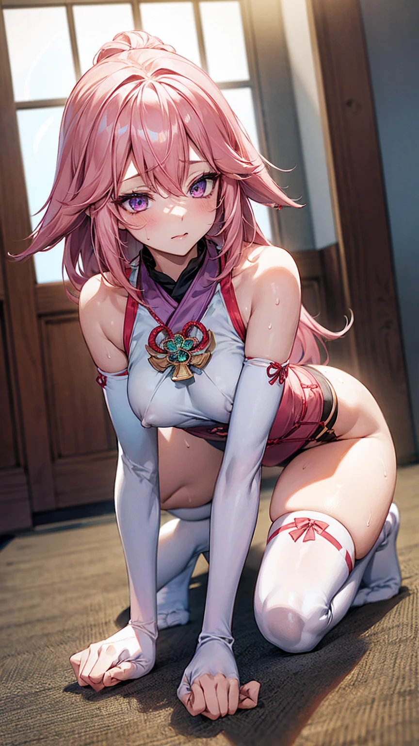 One Girl, (Urzan-6500:0.7), K-POPアイドル, yae miko, , Exposed bare shoulders, Pink Hair, Long white hair, Japanese Clothing, The best quality in the best condition, (da pintura:1.5), (hair ornaments:1.35), gem, Purple eyes, 耳Nipple Ring, , Written boundary depth, Detailed face, Face Focus, ribbon_trim, (View your audience:1.25), Non-traditional Shrine Maiden, Shiny skin, Long sleeve, Thick lips, Game CG, (Blur the background:1.2), , , whole body、Put your head on the urinal,Yogurt all over、whole bodyが濡れている、One Girll, , Obscene, Pee, Urine,garbage,masterpiece, Highest quality, Very detailed,Knee-high socks、Long white elbow gloves、Long socks、Open your thighs wide to the left and right、crouch on the ground、Show the audience your crotch、Camel Toe:1.4、(Sweat)、(vapor)With legs apart、sexy、Bold、Sexy、Inviting、dynamic、With legs apart、On all fours