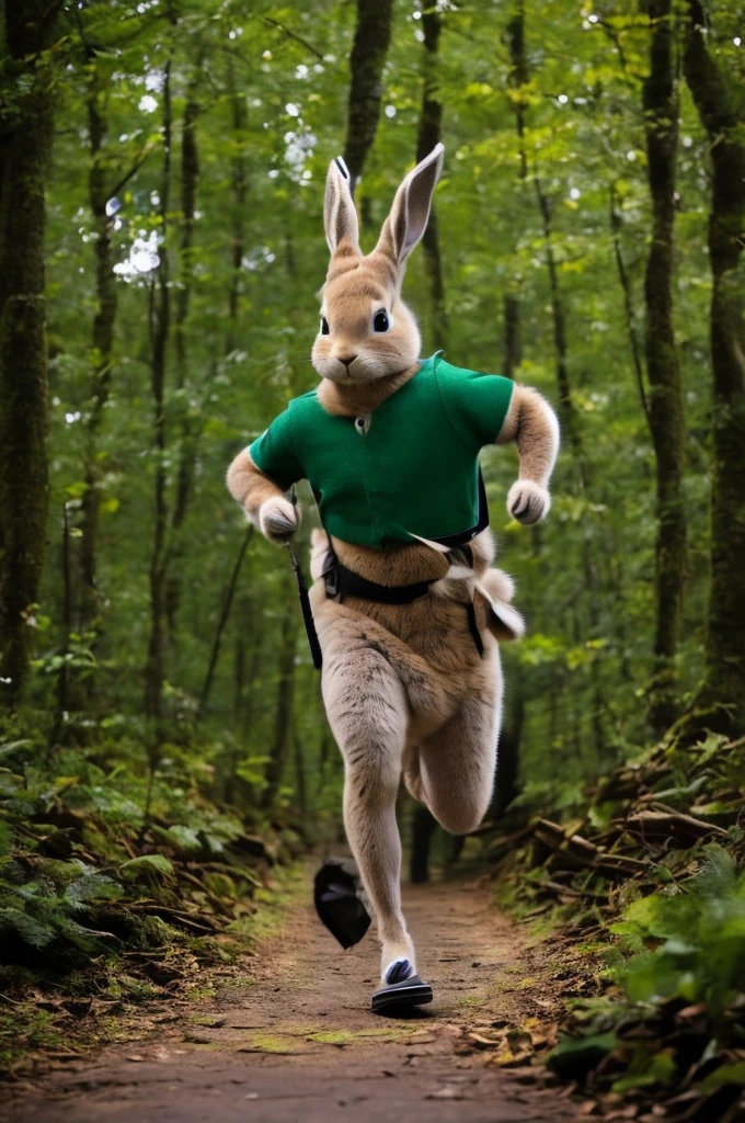 an anthropomorphic rabbit dressed as Robin Hood running along a forest trail at night, masterpiece, best, photo realistic