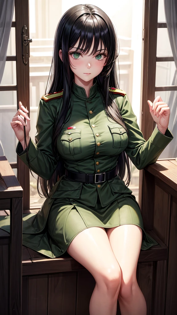  with a more mature and adult face, with black hair and green eyes, with medium to large breasts, wearing a black German war uniform in 1942.