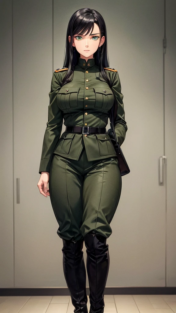 with a more mature and adult face, with black hair and green eyes, with medium to large breasts, wearing a black German war uniform in 1942.