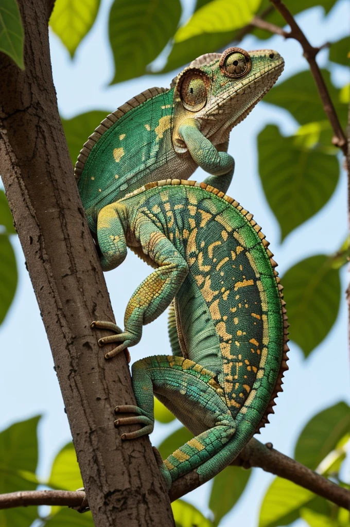 Draw me a drawing of a cute chameleon in a tree, let the chameleon be a drawing and let it be eating a leaf and let the chameleon be smiling