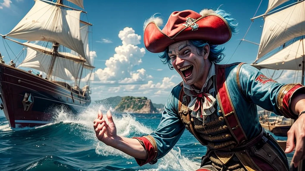 masterpiece, best quality, extremely detailed, hyperrealistic:1.1, photorealistic, a cool 40s man, ultra detailed face:1.2, red nose:1.3, long blue hair, red and white pirate hat, kicking, dynamic pose, laughing, on detailed yacht, sea