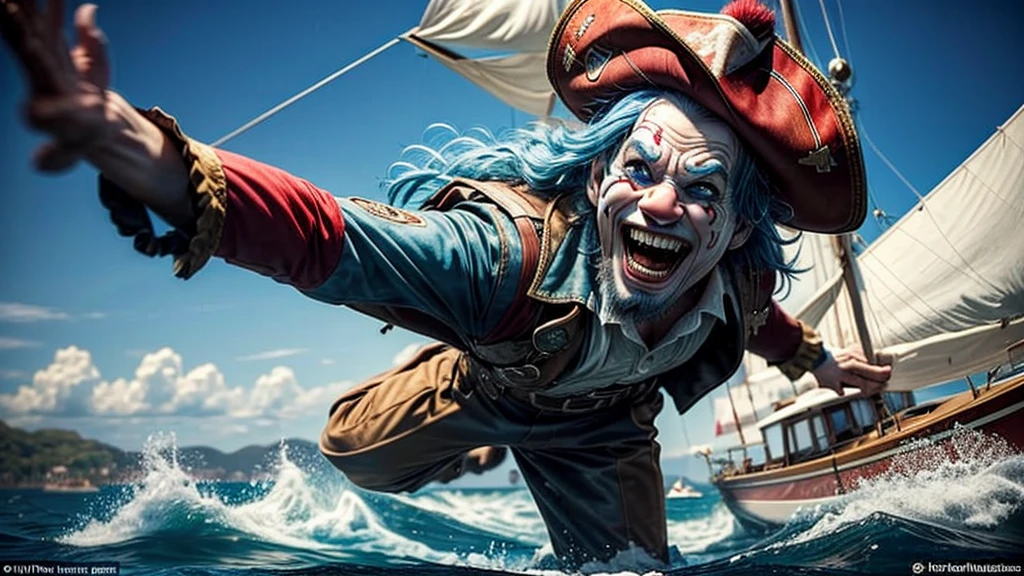 masterpiece, best quality, extremely detailed, hyperrealistic:1.1, photorealistic, a cool 40s man, ultra detailed face:1.2, red nose:1.3, long blue hair, red and white pirate hat, kicking, dynamic pose, laughing, on detailed yacht, sea