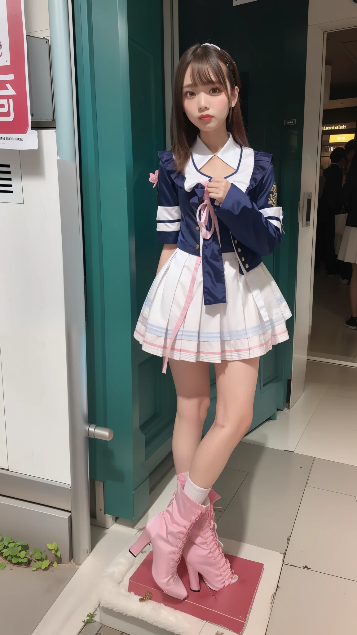 Costume like a idol, blue and white half sleeve Jacket, pink satin ruffled blouse, White and pink stripe pleated skirt, white lace up boots