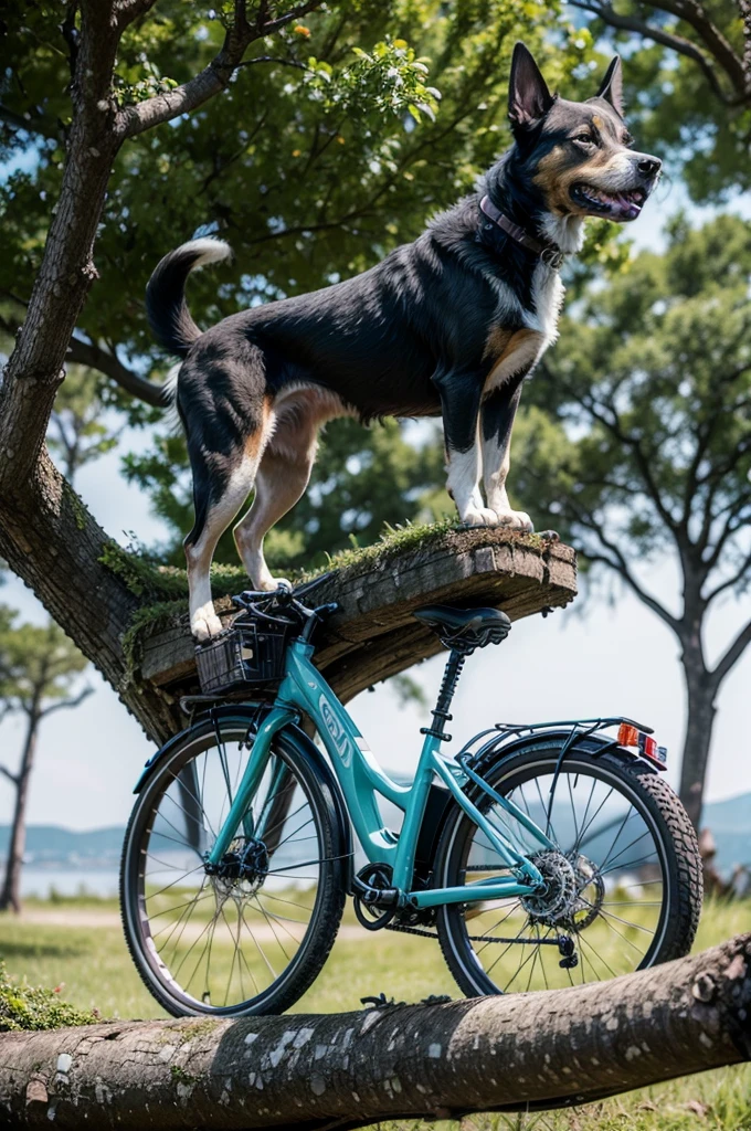 An electric bike with a dog on top of a tree
