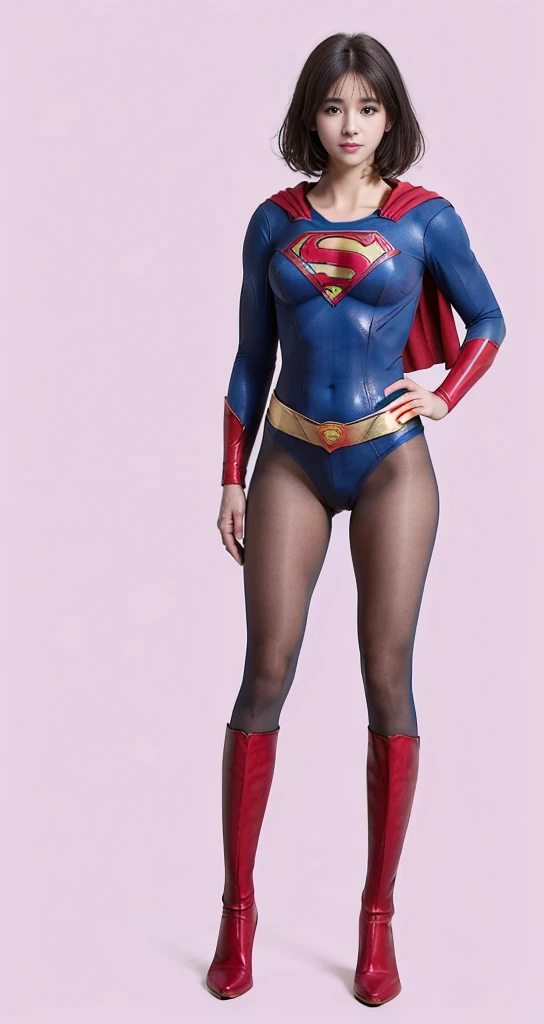 No background、(((Beautiful legs in black tights.)))、(((Legally express the beauty of your smile)))、((((Make the most of your original images)))、(((Supergirl Costume)))、(((Beautiful very short hair)))、(((suffering)))、(((Please wear black tights....、Wear red boots)))、((Best image quality、8K))、((Highest quality、8K、masterpiece:1.3))、(((Preserve background )))、Sharp focus:1.2、Beautiful woman with perfect figure:1.4、Slim Abs:1.2、Wet body:1.5、Highly detailed face and skin texture、8K