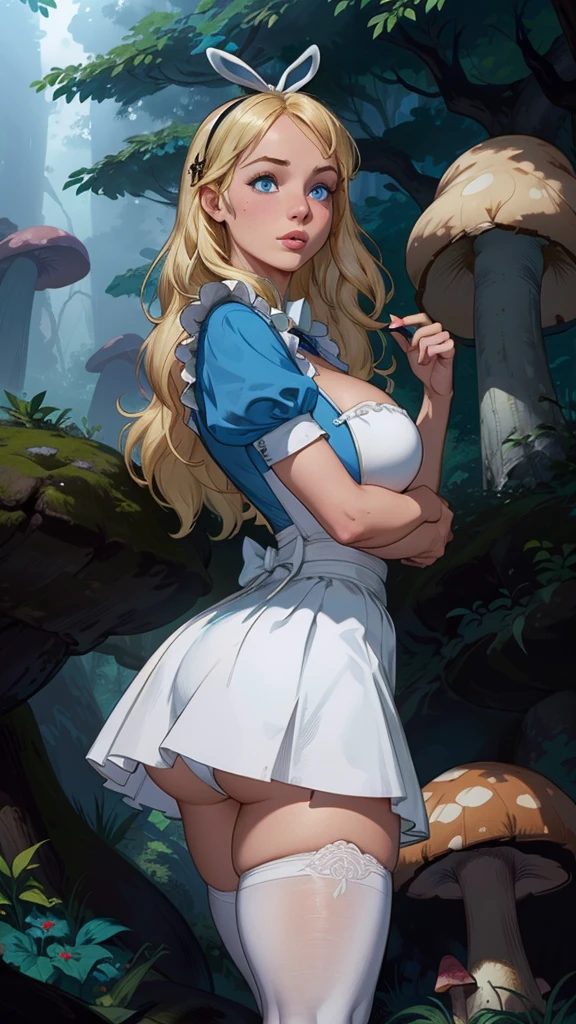 (La mejor calidad,A high resolution,Ultra - detallado,actual),Alice Wonderland, vestido corto azul, medias white muslo, cabello largo amarillo, ,(Fondo de ruinas de mazmorra en ruinas bosque tenebroso cyberpunk :1.4 ), More detailed 8K.motor irreal:1.4,UHD,La mejor calidad:1.4, fotorrealista:1.4, textura de la piel:1.4, obra maestra:1.8,obra-prima, mejor calidad,objeto Objeto], (detailed face features:1.3),(Las proporciones correctas),  (pose vaquero),( Alice Wonderland:1.4), (Alice Wonderland V2.1), (perfect anatomy :1.4),( no mutaciones), (Alice Liddell Disney:1.4), (dynamic cowboy pose), (face detailed :1.4), (mostrando panties),(white stockings and suspenders), (cinematic lighting :1.4), score_9, score_8_up, score_7_up, score_6_up, rating_explicit, 1girl, ((18YO:1.2)), Adult, full lips, big clear eyes, blue eyes, ((blond hair:1)), (long wavy hair: 1.2),( orejas de coneja white:1.4 ), (forest background big trees and giant mushrooms neon :1.4), (skirt lifted by itself: 1.1), (skirt lift: 1.3), (showing white panties: 1.3),score_9, score_8_up, score_7_up, score_6_up, rating_explicit, 1girl, ((18YO:1.2)), Adult, full lips, big clear eyes,  blue eyes, ((blond hair:1)), (long wavy hair: 1.2),(face detailed V2.1) 