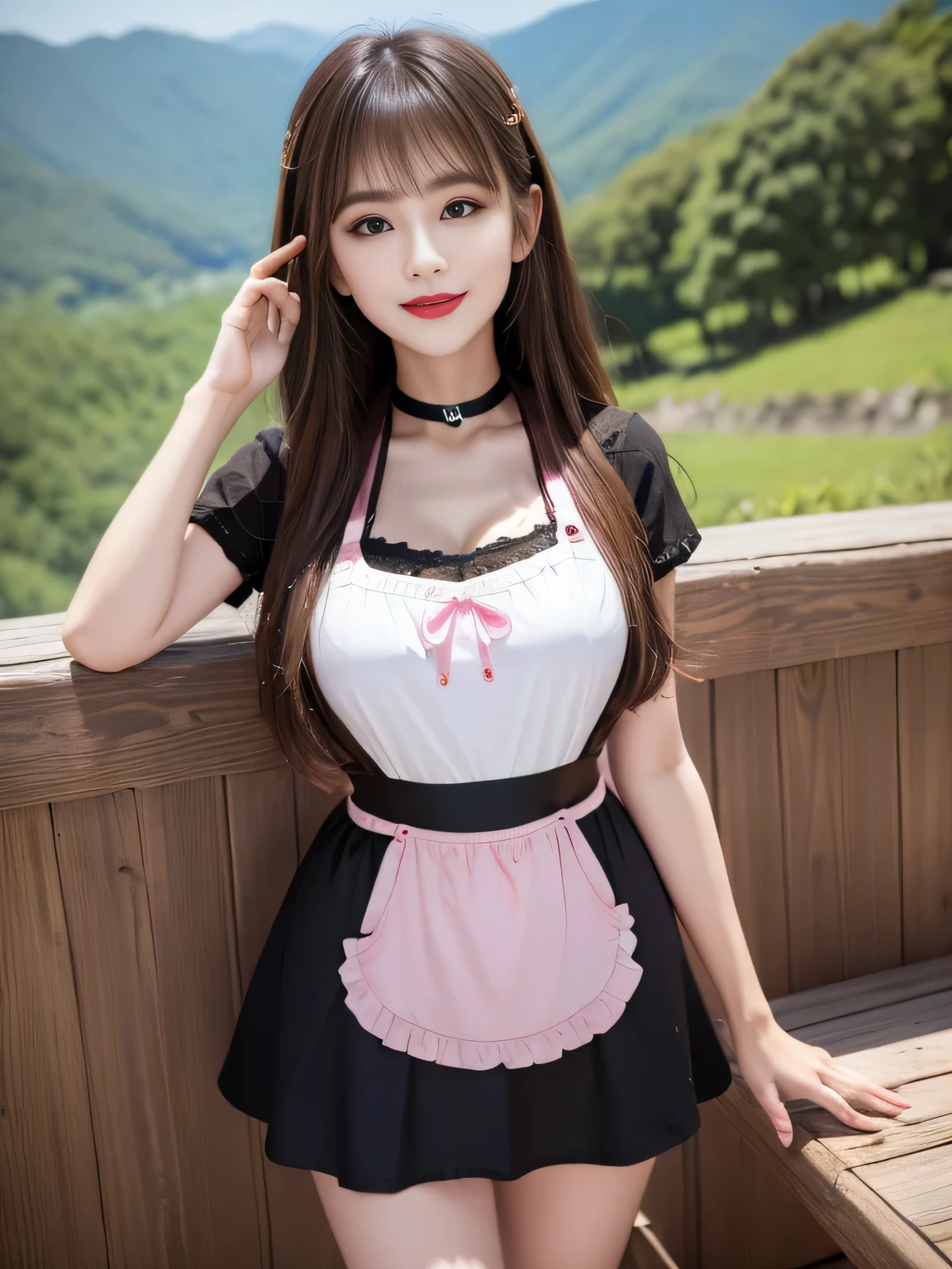 ((Highest quality, 8K, Representative works in detail, Ultra-high resolution)), (Looking at the audience), Attractive woman, ((Big Breasts)), smile, ((Black Choker)), Slim figure, (blue eyes), Long eyelashes, bangs, Beautiful shiny brown hair, Nogizaka idol, Slim face、((Pink Apron、Full body portrait)), Millionaire's daughter、Dependents、Glossy straight hair、((Mountain trail、look up、Nice views)), Red lipstick, ((Mountainous Regions))、blue sky、Healthy Thighs、