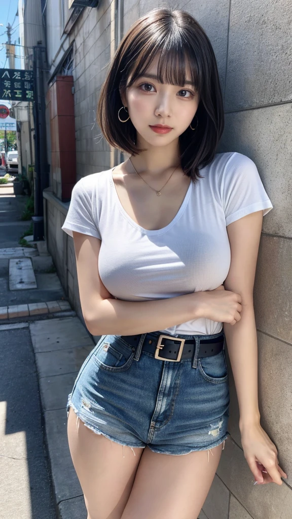 masterpiece, best quality, illustration, Super detailed, fine details, High resolution, 8K,wall paper, perfect dynamic composition, full body photo, leaning forward, crossed arms, (Details High quality, realistic depiction of eyes:1.3), 20 year old girl, Gravure Idol, cute type, large breasts, short bob hair, black hair color, Korean style makeup, Big Natural Color Lip, thick thighs, perfect body shape, plump figure, White T-shirt with low exposure, denim short pants, Leather belt, necklace, earrings