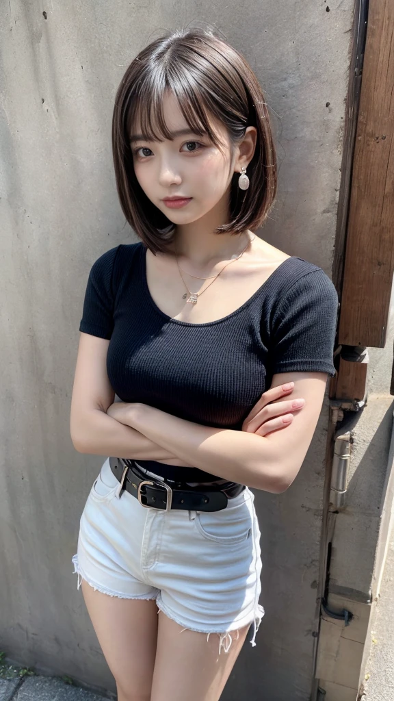 masterpiece, best quality, illustration, Super detailed, fine details, High resolution, 8K,wall paper, perfect dynamic composition, full body photo, leaning forward, crossed arms, (Details High quality, realistic depiction of eyes:1.3), 20 year old girl, Gravure Idol, cute type, large breasts, short bob hair, black hair color, Korean style makeup, Big Natural Color Lip, thick thighs, perfect body shape, plump figure, White T-shirt with low exposure, denim short pants, Leather belt, necklace, earrings