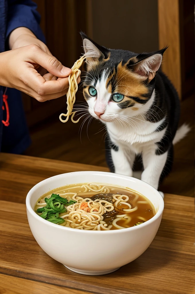 Calico kitten eating ramen