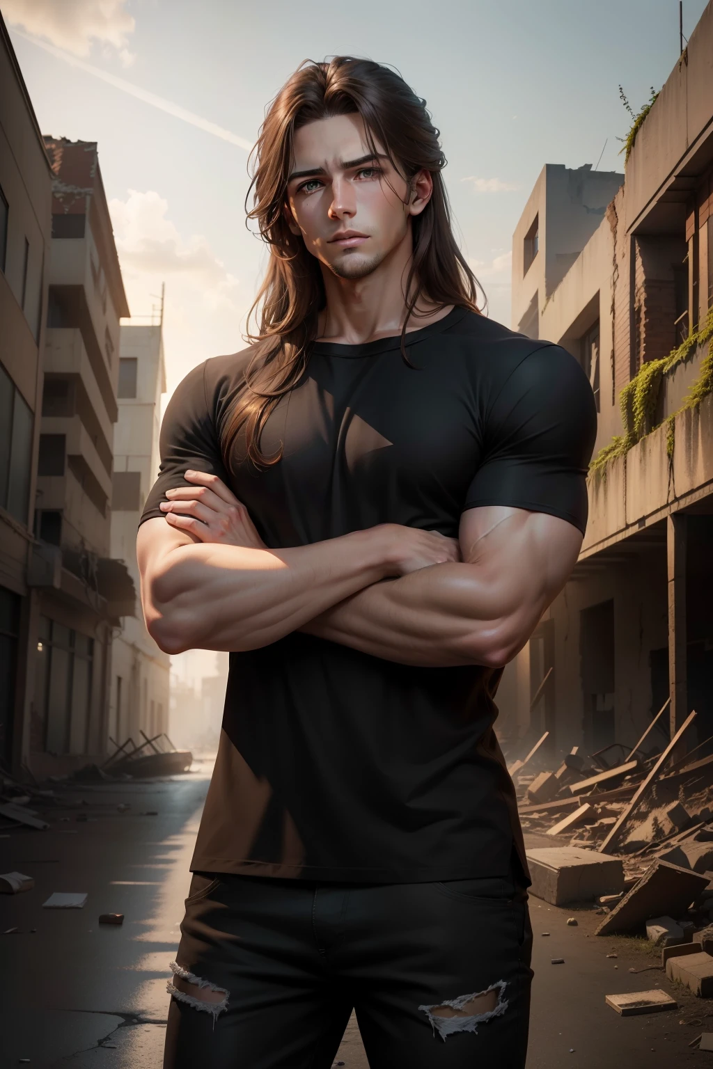 8K realistic image of a handsome 23 year old man, long brown hair, eyes browns, dressed in a simple black casual shirt, with bandages on arms, serious expression, amidst the ruins one night, anime-style artwork