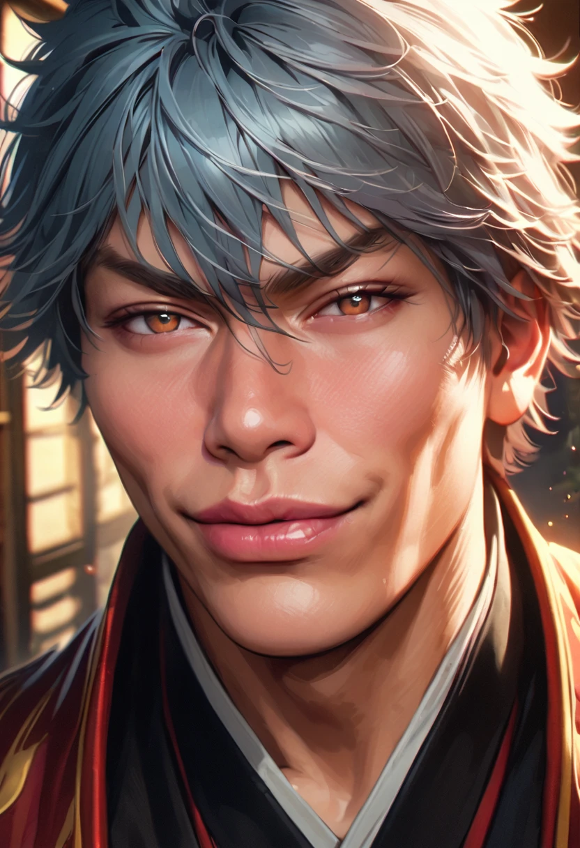 gintoki sakata from gintama,extremely detailed face,beautiful detailed eyes,gintoki sakata from gintama, beautiful detailed lips,longeyelashes,smiling,anime,gintoki sakata from gintama, masterpiece,8k,photorealistic,hyperrealistic,vibrant colors,dramatic lighting,highly detailed background,intricate details,realistic skin texture