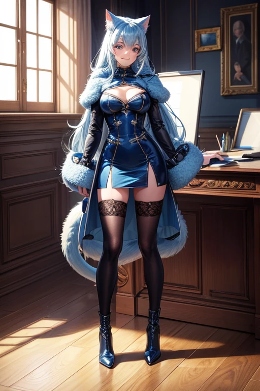 Masterpiece, 8k, art style by sciamano240, Very detailed face, Detailed clothing, detailed fabric, 1 girl, beautiful face, asymmetric long hair, light blue fur, wearing cute office clothes, dior boots, highly detailed blue cat eyes, posing standing , Nice smile, sunny office environment, full body view,