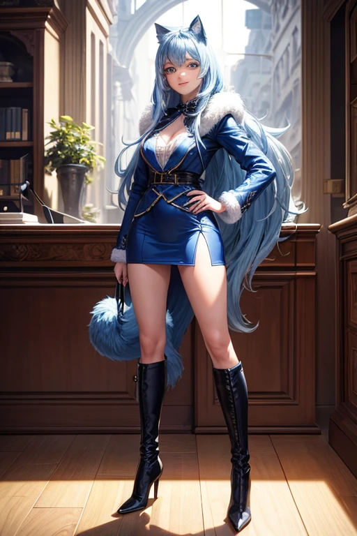 Masterpiece, 8k, art style by sciamano240, Very detailed face, Detailed clothing, detailed fabric, 1 girl, beautiful face, asymmetric long hair, light blue fur, wearing cute office clothes, dior boots, highly detailed blue cat eyes, posing standing , Nice smile, sunny office environment, full body view,