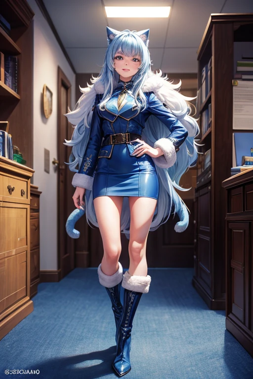 Masterpiece, 8k, art style by sciamano240, Very detailed face, Detailed clothing, detailed fabric, 1 girl, beautiful face, asymmetric long hair, light blue fur, wearing cute office clothes, dior boots, highly detailed blue cat eyes, posing standing , Nice smile, sunny office environment, full body view,