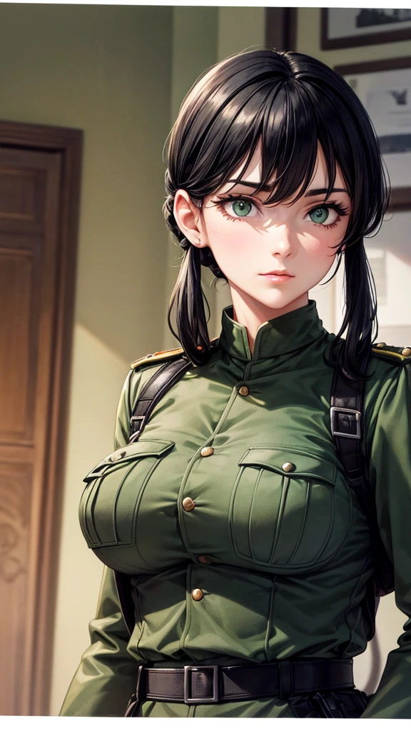 point the gun to the front,(glasses:1.2),(random military outfit),(random pose),(random hairstyle),(large breasts:1.5),(Highest image quality, (8K), Ultra-realistic, Best Quality, High quality, High Definition, high quality texture, high detailing, Beautiful detailed, fine detailed, extremely details CG, Detailed texture, realistic representation of face, masterpiece, presence)