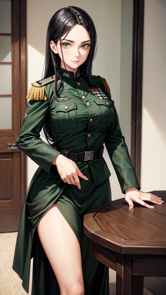 with a more mature and adult face, with black hair and green eyes, with medium to large breasts, wearing a black German war uniform in 1942.