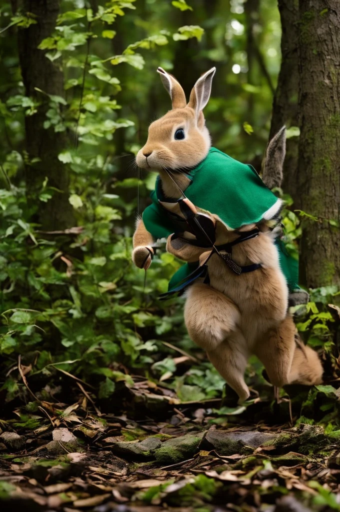 a side shot of an anthropomorphic rabbit dressed as Robin Hood running along a forest trail at night, masterpiece, best, photo realistic