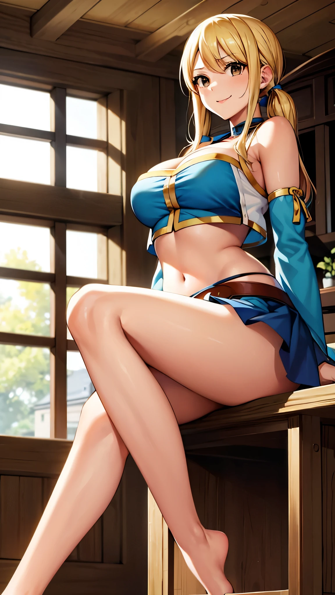 masterpiece, best quality, highres, lucy heartfilia, lucy heartfilia, 1girl, solo, blonde hair, brown eyes, twintails, large breasts, barefoot, detached sleeves, midriff, cropped vest, strapless, belt, black skirt, low angle, view from below, indoors, smile, sitting, show your foot