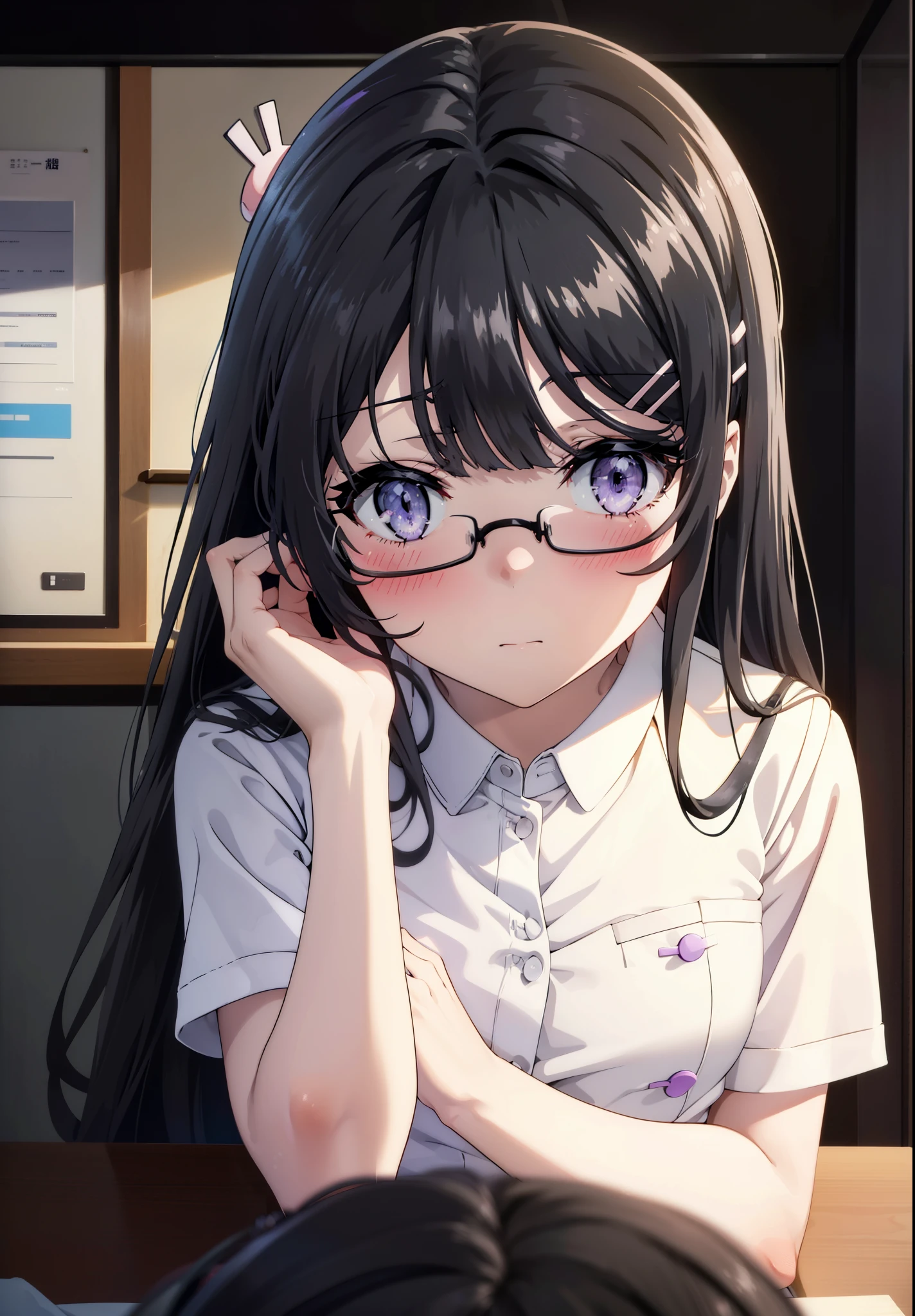 maisakurajima, mai sakurajima, Long Hair, bangs, (Black Hair:1.5), hair ornaments, (Purple eyes:1.1), Hair Clip, rabbit hair ornaments,blush,Embarrassing,Glasses,
Looking up at the audience, White stockings and garter belt, Exposed Skin, nurse's uniform, Wear a stethoscope around your neck, Retaining the exam file, Examination room、Sitting in a chair,whole bodyがイラストに入るように,
break indoors, Examination room,
break looking at viewer, whole body,
break (masterpiece:1.2), Highest quality, High resolution, unity 8k wallpaper, (figure:0.8), (Beautiful attention to detail:1.6), Highly detailed face, Perfect lighting, Highly detailed CG, (Perfect hands, Perfect Anatomy),