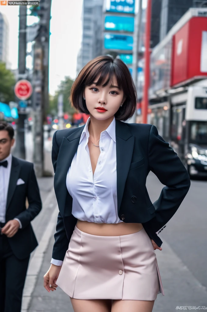 a 20 year old face of the most beautiful actress in the world, the perfect body proportions of a female, tight blazer is worn with formal shirt on female upper body, panties of female crotch between bare legs under short skirt are seen just a little, the short hair cut for a female, standing, at the city street, nsfw, best quality, highly detailed, masterpiece, ultra high res, photo realistic, 8k