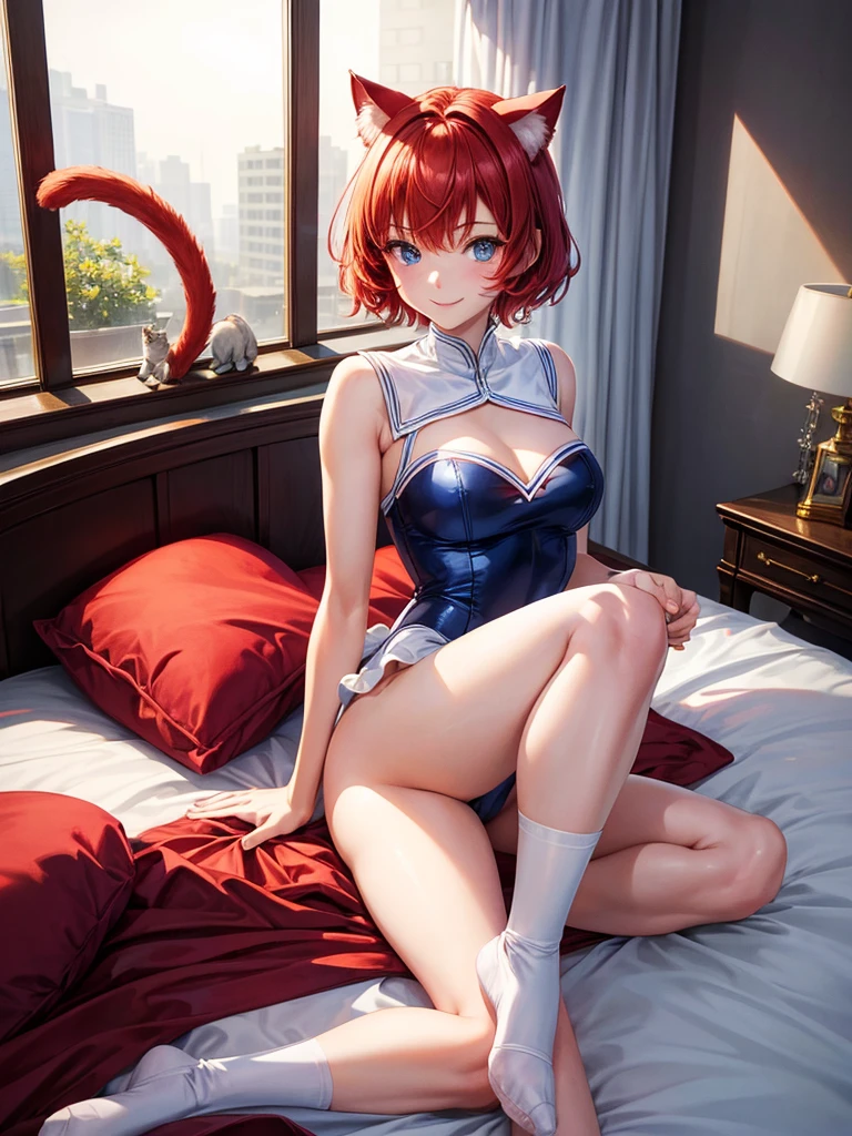 Highest quality,High resolution,1People Girl,whole body,fine,smile,looking at the camera,Bedroom,Dazzling lighting,short hair,Red hair,Blue eyes,White Sailor Leotard,beautiful girl,Cat ears on the head,Cat tail on waist,smile,be happy,
