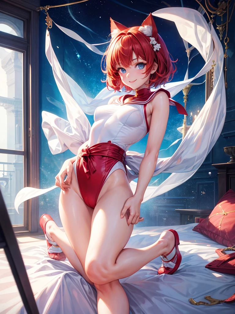 Highest quality,High resolution,１People Girl,whole body,fine,smile,looking at the camera,Bedroom,Dazzling lighting,short hair,Red hair,Blue eyes,White Sailor Leotard,beautiful girl,Cat ears on the head,Cat tail on waist,smile,be happy,