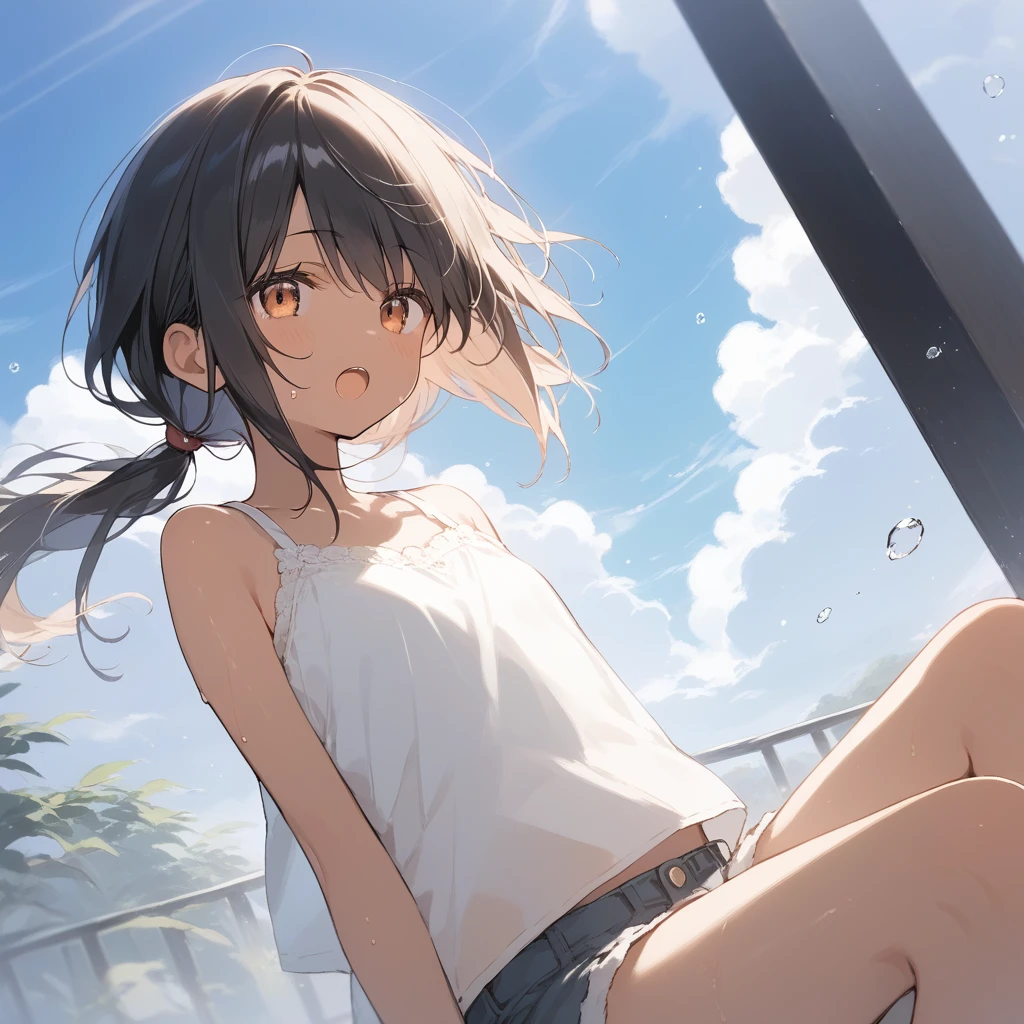 score_9, score_8_up, score_7_up, source_anime, best quality, masterpiece, official art, absurdres, highres, ultra-detailed,waifu2x,Collection: Slice of Life,break,1girl, tomboy, dark-skinned female, short hair, low ponytail, flat chest, beautiful detailed eyes, short shorts, sweat, open mouth, (yawn:0.3), sleepily, outdoors, wind, break,(clear line illustration:1.2),very high resolution, very aesthetic, super detailed skin, Best sexual lighting powered by famous artist, 8k,cute picture,beauty illustration,photoshop_(medium),,(Detailed Lighting),best anime 8k konachan wallpaper, pixiv contest winner,