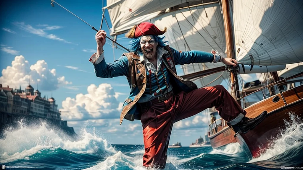 masterpiece, best quality, extremely detailed, hyperrealistic:1.1, photorealistic, a cool 40s man, ultra detailed face:1.2, red nose:1.3, long blue hair, red and white pirate hat, kicking, dynamic pose, laughing, on detailed yacht, sea