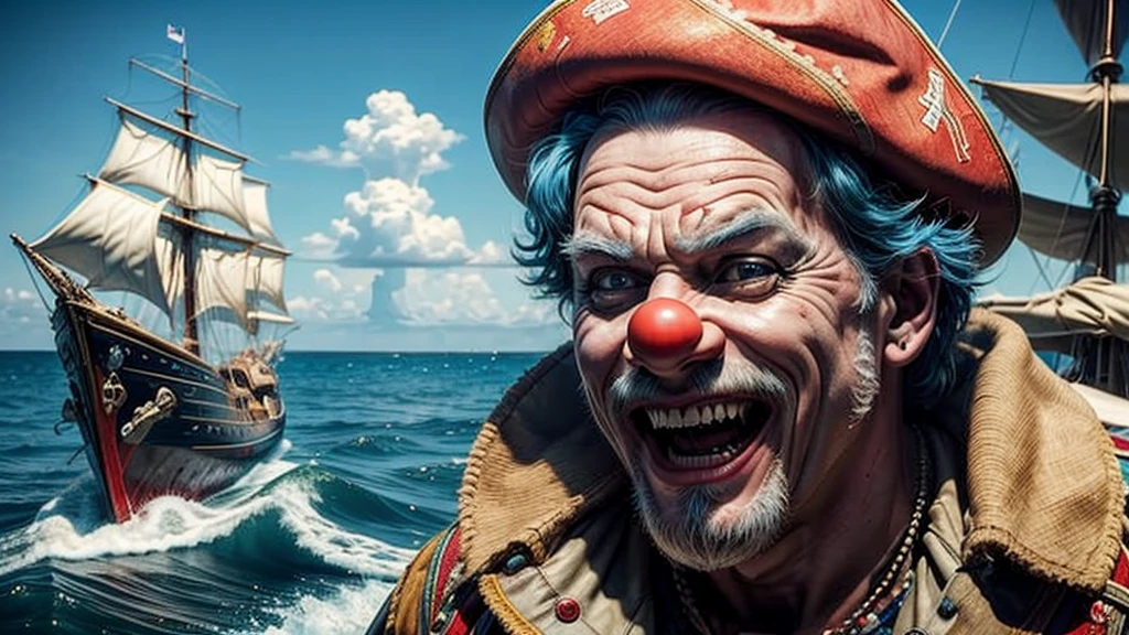 masterpiece, best quality, extremely detailed, hyperrealistic:1.1, photorealistic, a cool 40s man, ultra detailed face:1.2, red nose:1.3, long blue hair, red and white pirate hat, kicking, dynamic pose, laughing, on detailed yacht, sea