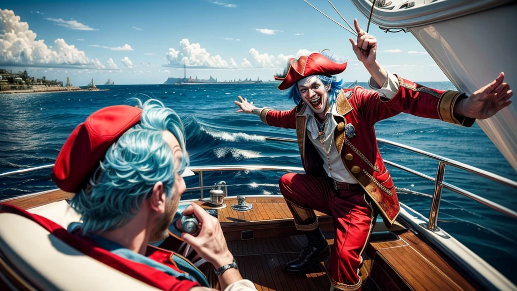 masterpiece, best quality, extremely detailed, hyperrealistic:1.1, photorealistic, a cool 40s man, ultra detailed face:1.2, red nose:1.3, long blue hair, red and white pirate hat, kicking, dynamic pose, laughing, on detailed yacht, sea