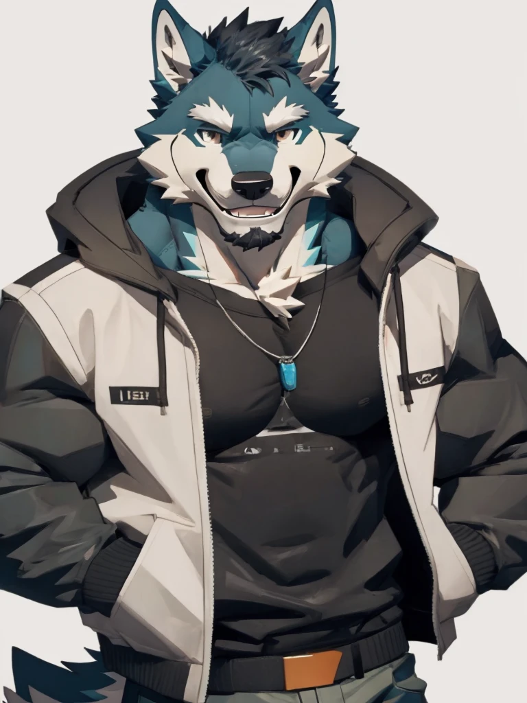 white background, Furry, wolf, male, muscular, wearing jacket, look at viewer, smiling