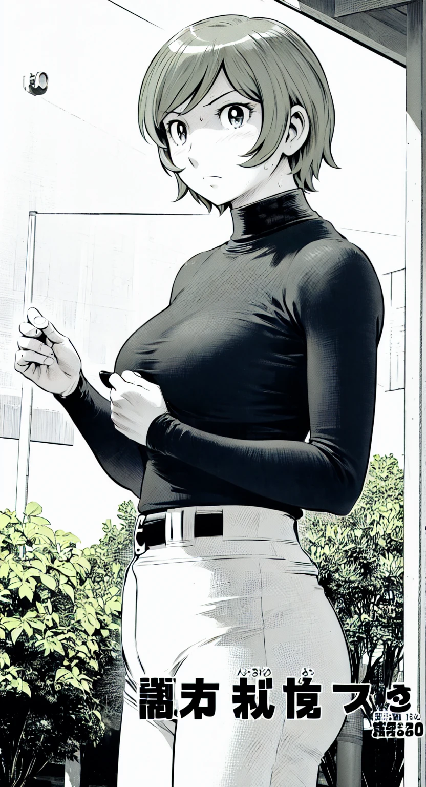 (野球uniform:1.2),
Blonde Hair, (short hair:1.2),Long sleeve, Black Shirt, turtleneck,White trousers、uniform、Black belt、((Illustration of people))、Big Boobs、
View Audience,, (Highest quality:1.3),One Girl, White pants、uniform、Outdoor、baseball ground、ground、soil、blue eyes、Tight black shirt、(masterpiece、Highest quality)、Highest quality, Ultra-high resolution, (((masterpiece))), alone, Sweat、Big eyes、Big Breasts、One Girl, Front view、Embarrassed face、Bronze colored hair、((short hair))、Stand up straight、Cowboy Shot