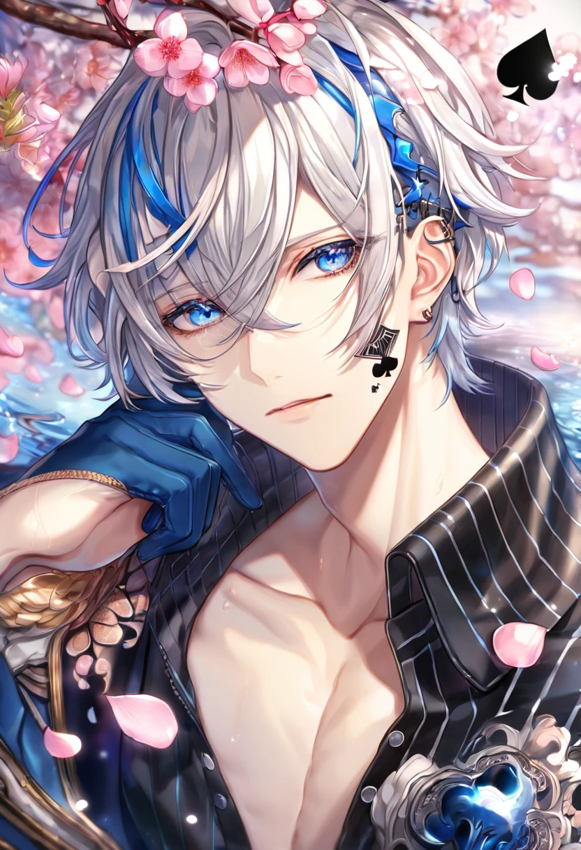 absurdres, highres, ultra detailed, HDR, master piece, Ikki, white hair, right side of his hair is notably shoulder-length, unlike its left, expressive blue eyes, on his left ear is a hair clip shaped like a black spade, Amnesia Memories, sexy man, handsome, best quality, blossoms, pink petals, pink flowers, fantasy, magical, blue shining fireflies, solo, water, blue-and-black shirt that is vertically striped, a small tattoo of a black spade on his cheek left cheek, blue gloves,