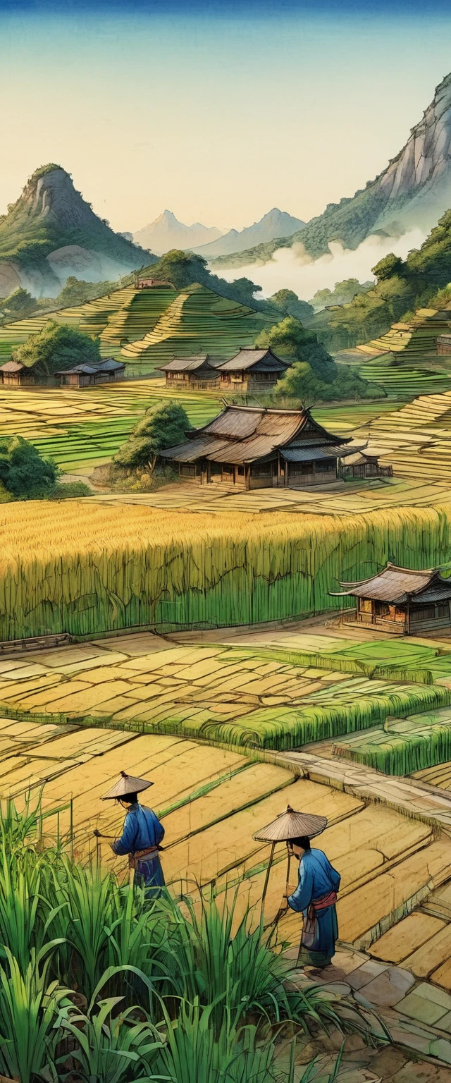 A beautiful sunrise over rice fields in China, Chinese farmers harvesting rice, beautiful detailed eyes, beautiful detailed lips, extremely detailed eyes and face, long eyelashes, traditional Chinese clothing, serene rural landscape, golden hour lighting, warm color tones, soft focus, photorealistic, 8k, high resolution, masterpiece, ultra-detailed, professional photography, vibrant colors, natural lighting, cinematic composition