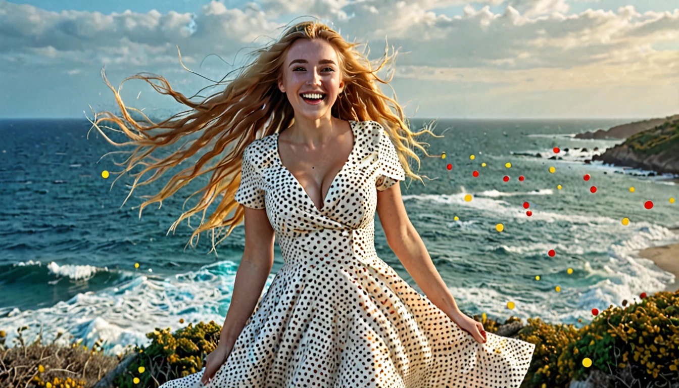 best quality HDR 4k, 8k, 1girl, (skindentation), (huge breast:1.2), (bright background:0.6), near ocean of island of lilliputs, miniature people of cyborgs, (casual yet stylish, elegant cloth, l dress with different colors dots inside dot inside dot:1.5 ), gorgeous, (long golden hair part of it flying in hair:1.5), hard lighting, wind, (front light:1.5), surprised happy smiling,