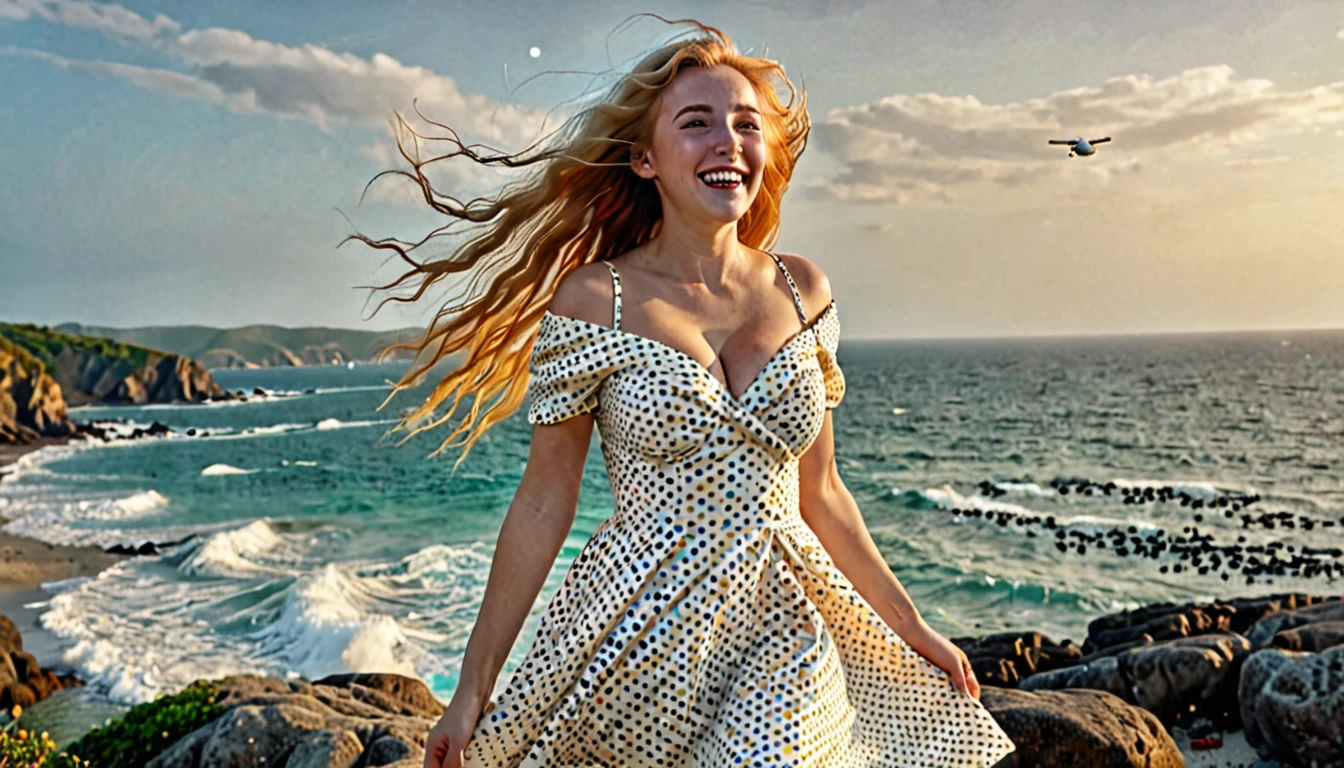 best quality HDR 4k, 8k, 1girl, (skindentation), (huge breast:1.2), (bright background:0.6), near ocean of island of lilliputs, miniature people of cyborgs, (casual yet stylish, elegant cloth, l dress with different colors dots inside dot inside dot:1.5 ), gorgeous, (long golden hair part of it flying in hair:1.5), hard lighting, wind, (front light:1.5), surprised happy smiling,