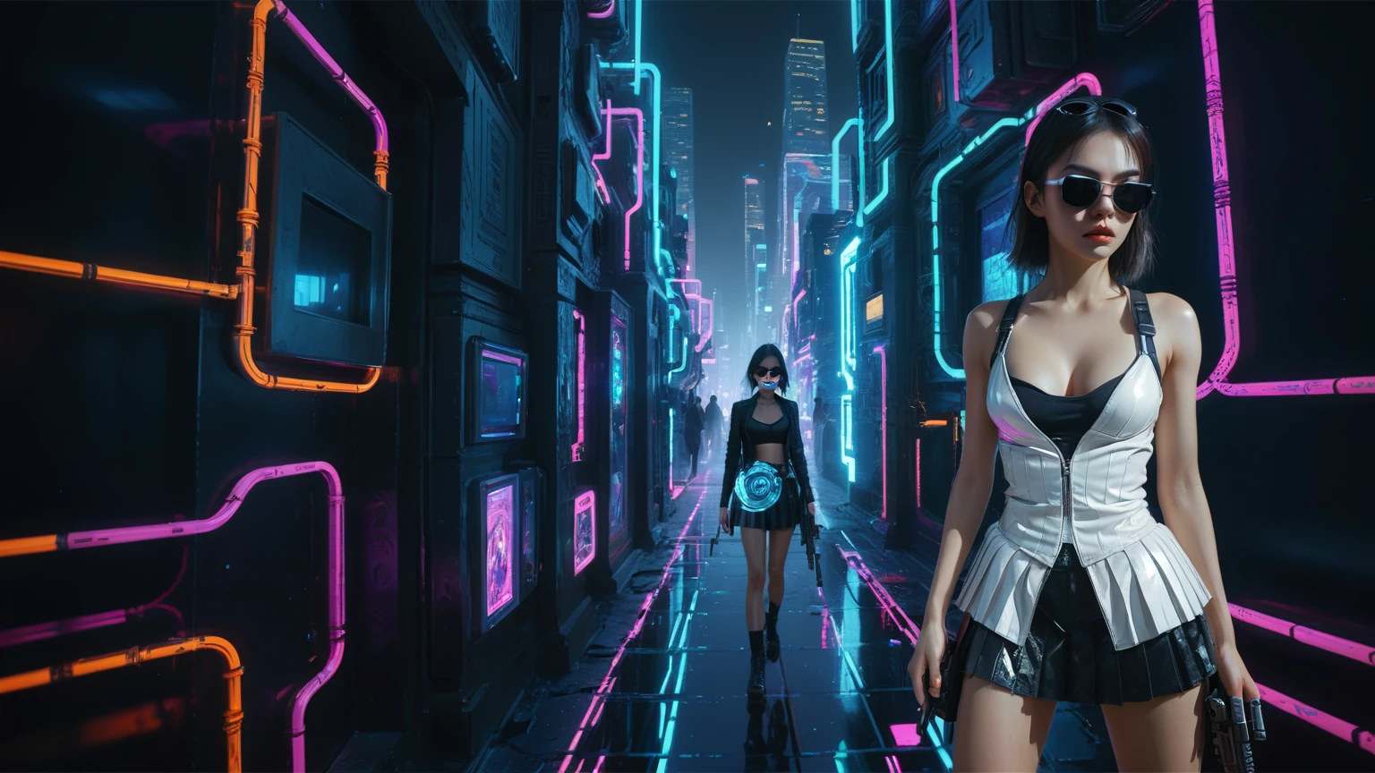 Cyberpunk female plagiarist immersed in digital theft, neon-lit alias within a vast online labyrinth, grotesque grunge brushing into surrealism, illuminated by kaleidoscopic volumetric light, a detailed masterpiece reminiscent of Moebius' distinctive style, deep focus, heightened depth field, psychedelic undertones amplified in a cinematic shot, aerial view of cyberpunk city at night, (((((1girl, solo))))), photo realistic, (((((large-breast:1.3 slim body, cleavage:1.4))))), (((off broken mini sling-shirt and black sling bra, extreamly short white pleated miniskirt, (((micro panty)))))), (((((running pose))))), (((((((matrix style black micro sunglasses))))))), ((((((((((aiming with a short gun)))))))))), (((((looking at camera))))), (((very low view))), (((((half-body thigh level medium shot))))), (((cinematic lighting))).
