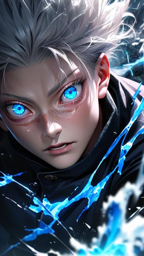 High quality, ultra realistic,absurdres, highres, ultra detailed, HDR, masterpiece, extremely detailed face and eyes, Gojo satoru , jujutsu kaisen,, white hair ,black shirt , solo, ,man, handsome, ,white eyeleshes, blue eyes , Epic fight scene, blue splashing effect,blue lightning effect,glowing glitters , close up,cool eyes, symetrical