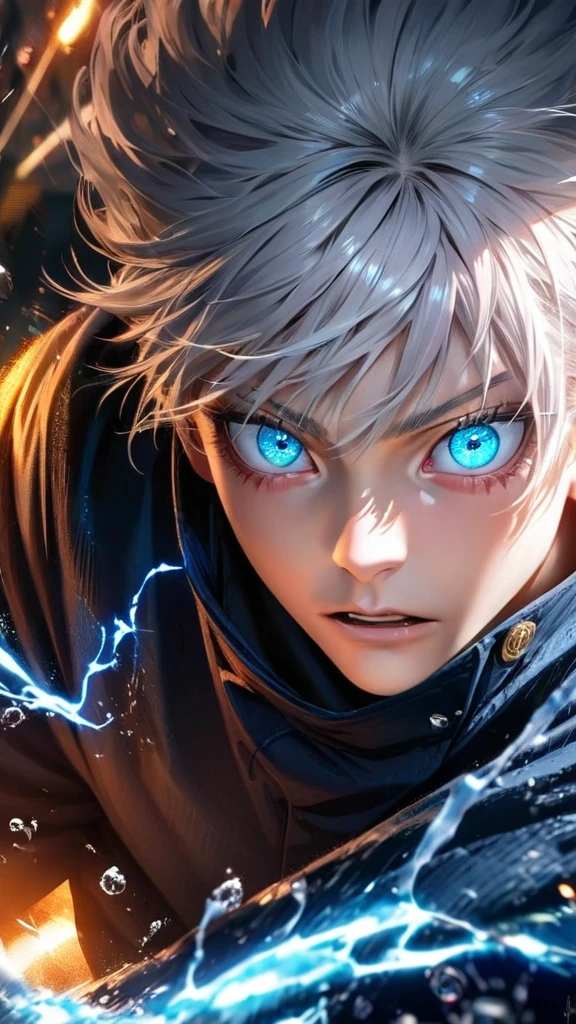 High quality, ultra realistic,absurdres, highres, ultra detailed, HDR, masterpiece, extremely detailed face and eyes, Gojo satoru , jujutsu kaisen,, white hair ,black shirt , solo, ,man, handsome, ,white eyeleshes, blue eyes , Epic fight scene, blue splashing effect,blue lightning effect,glowing glitters , close up,cool eyes, symetrical