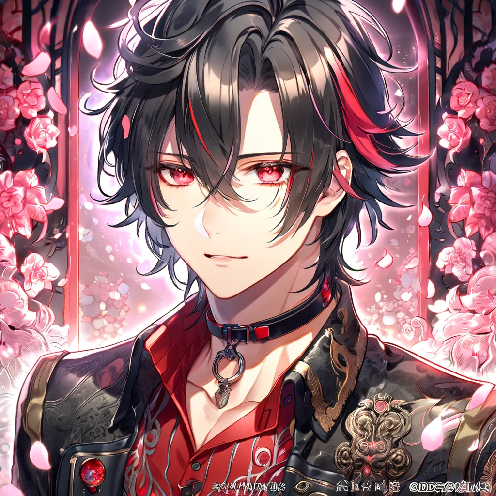 absurdres, highres, ultra detailed, HDR, master piece, best quality, Shin, expressive red eyes, messy hair, black hair, red streaks, Amnesia Memories, solo, sexy man, handsome, cropped black jacket with white trimmings, red shirt with black patterns, red collar, fantasy, shining, pink flowers, pink blossoms, pink butterflies, pink petals