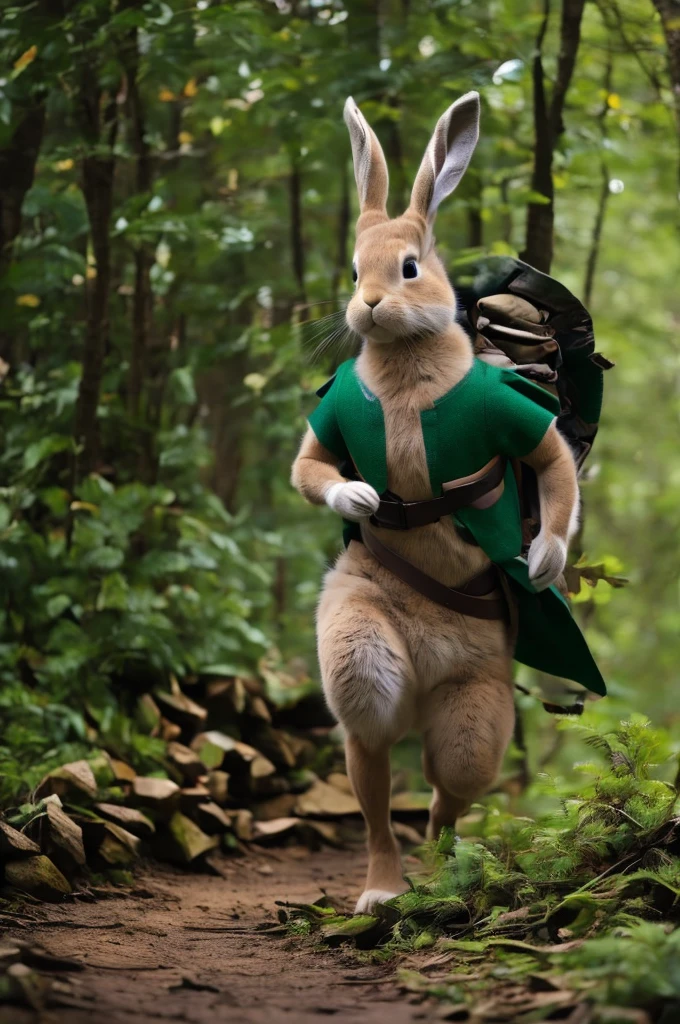 a side shot of an anthropomorphic rabbit dressed as Robin Hood running along a forest trail at night, masterpiece, best, photo realistic