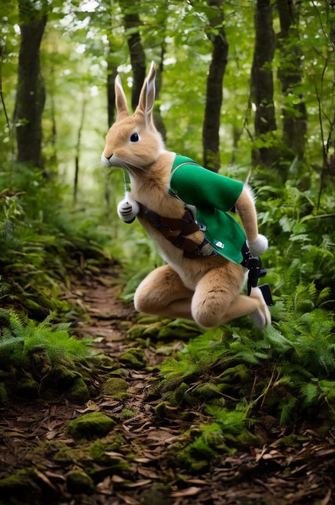 a side shot of an anthropomorphic rabbit dressed as Robin Hood running along a forest trail at night, masterpiece, best, photo realistic