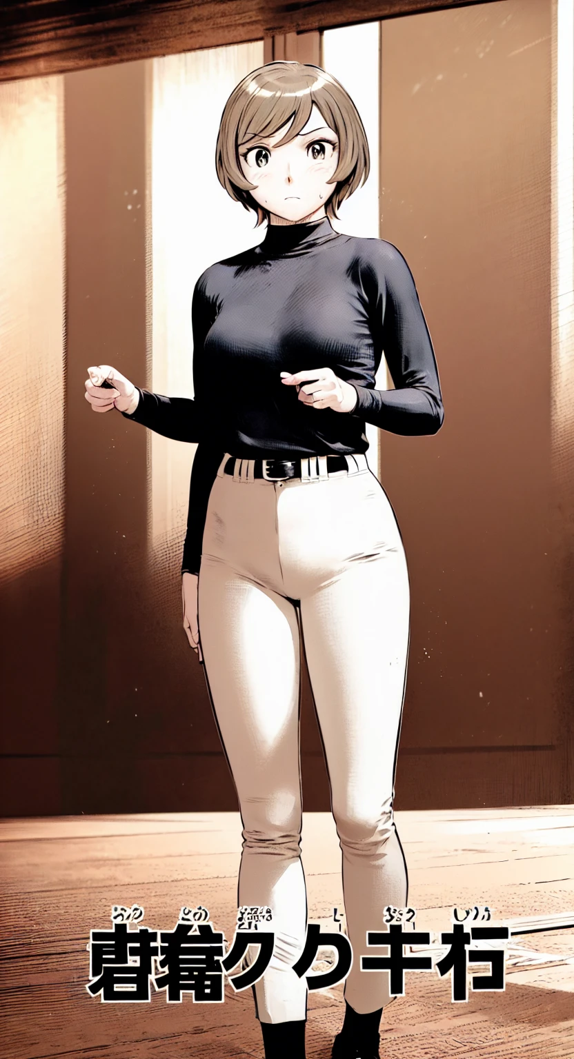 (野球uniform:1.2),
Blonde Hair, (short hair:1.2),Long sleeve, Black Shirt, turtleneck,White trousers、uniform、Black belt、((Illustration of people))、Big 、
View Audience,, (Highest quality:1.3),One Girl, White pants、uniform、indoor、baseball 、White wall、blue eyes、Tight black shirt、(masterpiece、Highest quality)、Highest quality, Ultra-high resolution, (((masterpiece))), alone, Sweat、Big eyes、Big Breasts、One Girl, Front view、Embarrassed face、Bronze colored hair、((short hair))、Stand up straight、Cowboy Shot