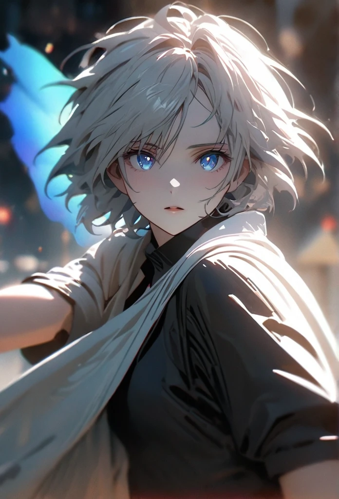 (solo), white hair, messy hair, mane hair, short hair, short hair, dense hair, wild hair, expressive hair, mature,(25 year old), pale skin, blue eyes, ((male)), wearing a black dress shirt, wearing a white cloak,, rolled up sleeves, handsome, attractive, eye reflection, depth of field, blue thunder aura, blue cinematic lighting, blue ray tracing, depth of field, cinematic lighting, blue ray tracing, UHD, high details, best quality, highres, high quality, award winning, super detail, masterpiece, 8k, UHD, high details, best quality, highres, high quality, award winning, super detail, masterpiece, 8k, digital art, anime coloring, full body shot, body shot, In a fighting position, Hand to hand combat, good face, perfect face, detailed face, good eyes, looking towards the screen.